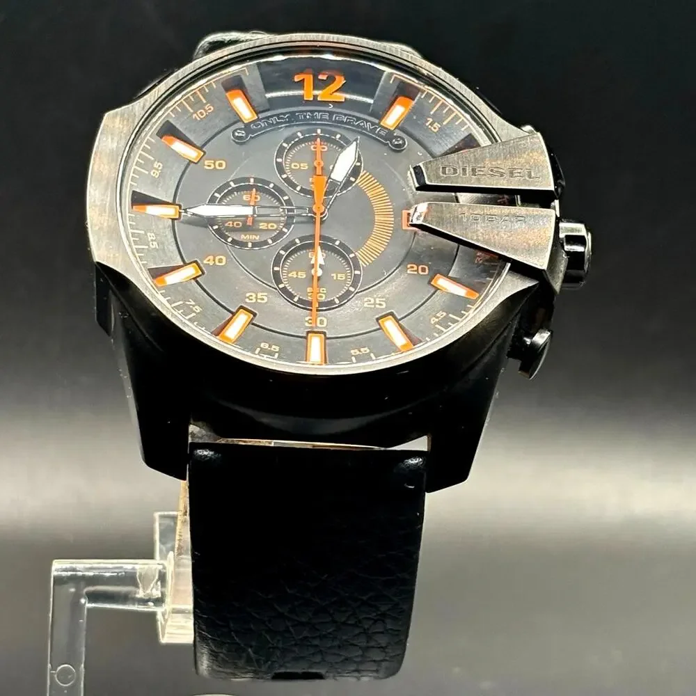 Diesel Mega Chief DZ4291 Black Orange Chronograph Leather Men's Watch 51mm